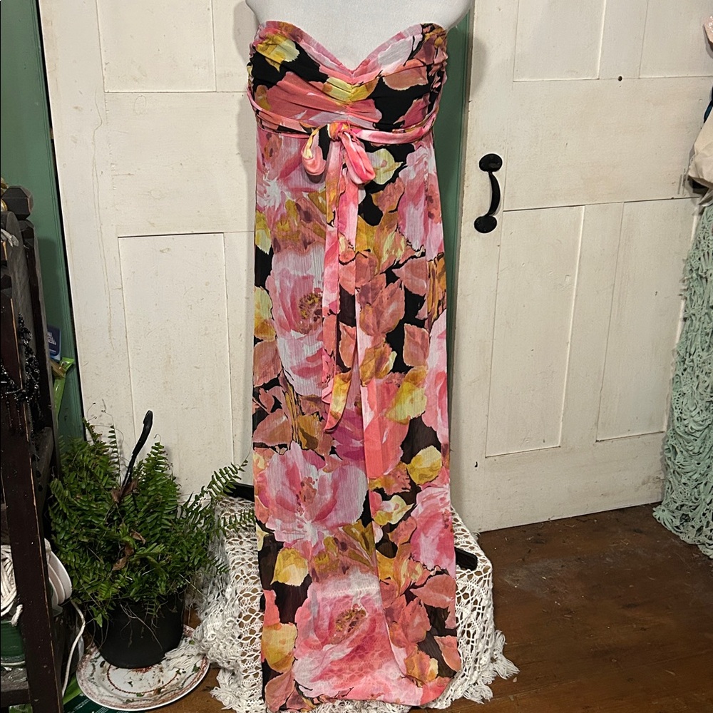 Vtg Y2k Xhileration Strapless Maxi Dress  Sz M Floral Tropical Resort HippieBoho